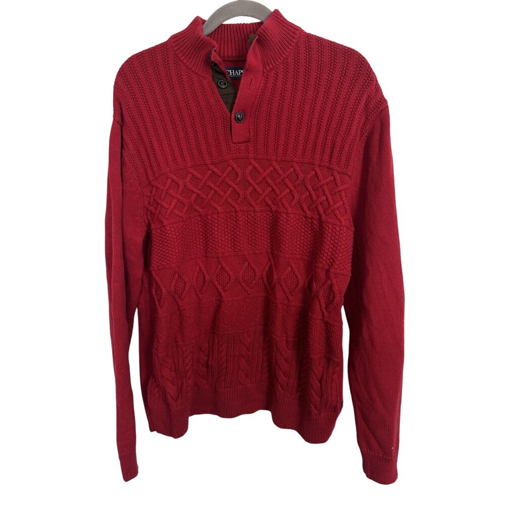 Chaps Red Cable Knit Henley Pullover Sweater Size Large Holiday Christmas Party
